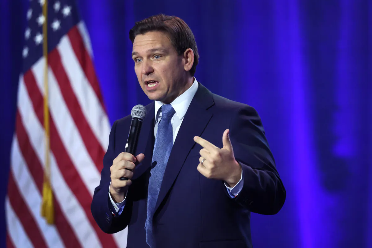Florida Gov. Ron DeSantis speaks to Iowa voters gathered at the Iowa State Fairgrounds in Des Moines, Iowa, on March 10, 2023. (Scott Olson/Getty Images)