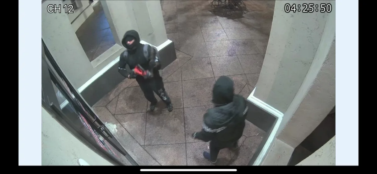 Two suspects were caught on security camera breaking into Mountain Mike’s Pizza in Rancho Santa Margarita, Calif., on March 11, 2023. (Courtesy of Daniel Gorman)