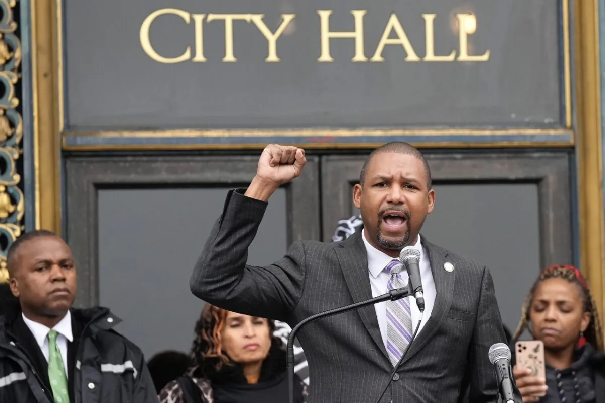 Supervisor Shamann Walton speaks at a reparations rally outside of City Hall in San Francisco, on March 14, 2023. (Jeff Chiu/AP Photo)