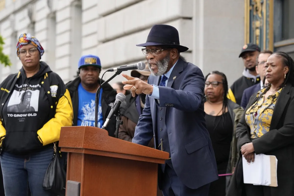 Dr. Amos Brown (C) speaks at a reparations rally outside of City Hall in San Francisco, March 14, 2023. (Jeff Chiu/AP Photo)