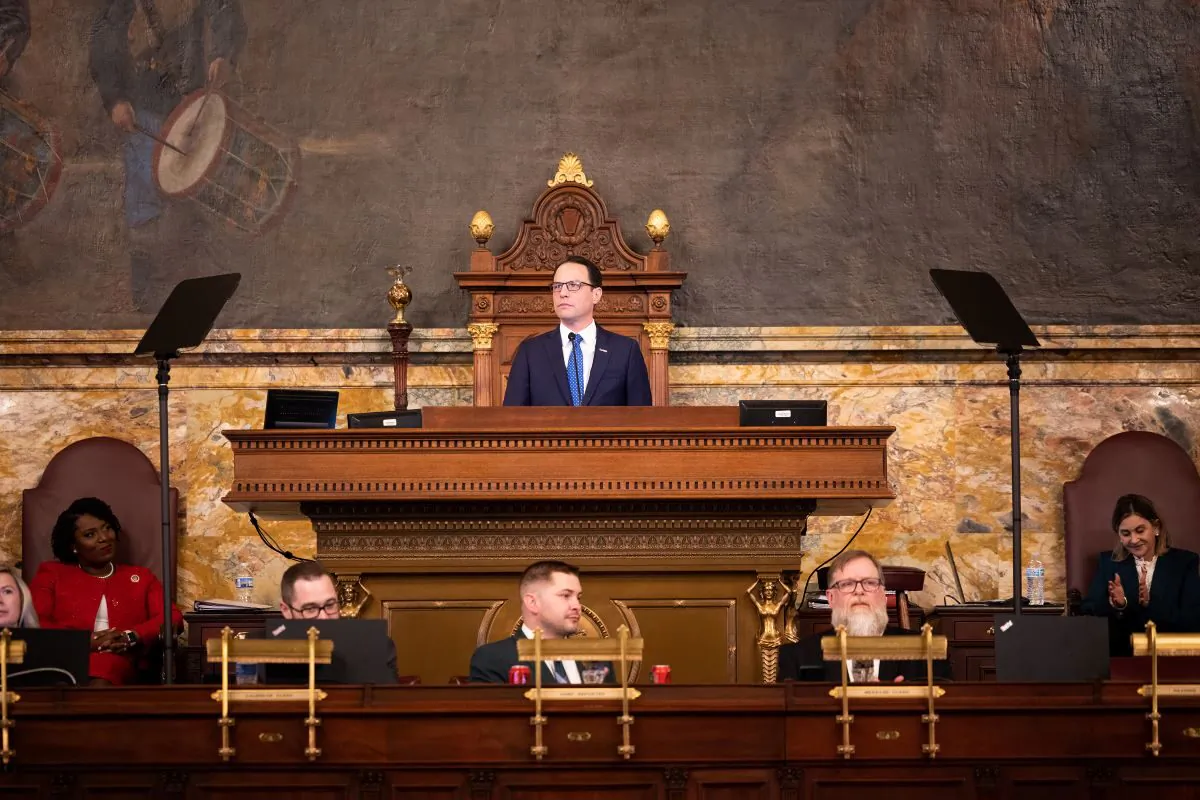 Gov. Josh Shapiro presents his budget in the House chambers in Harrisburg, Pa., on March 7, 2023. (Commonwealth Media Service) 