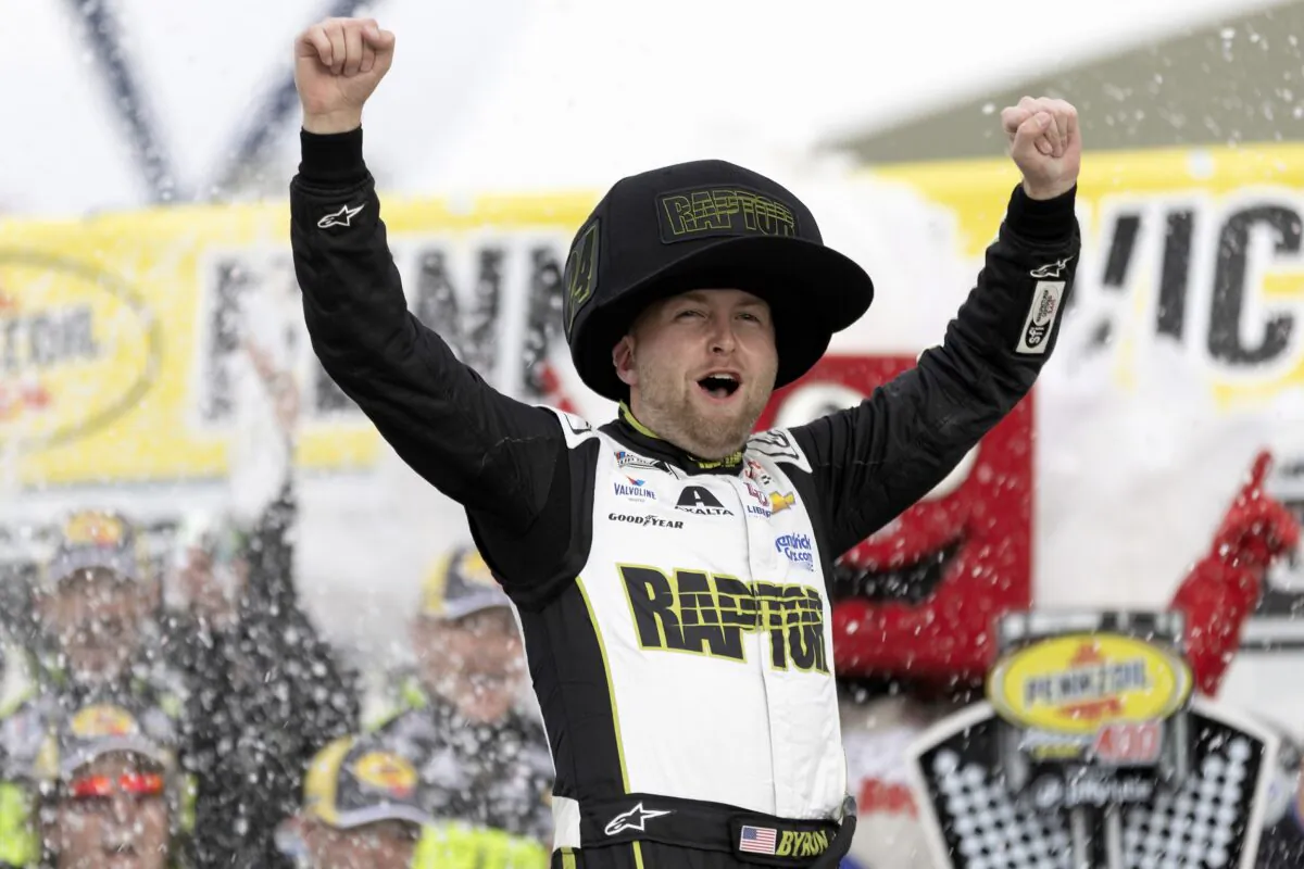 William Byron celebrates in Victory Lane after winning a NASCAR Cup Series auto race in Las Vegas on March 5, 2023. (Ellen Schmidt/AP Photo)