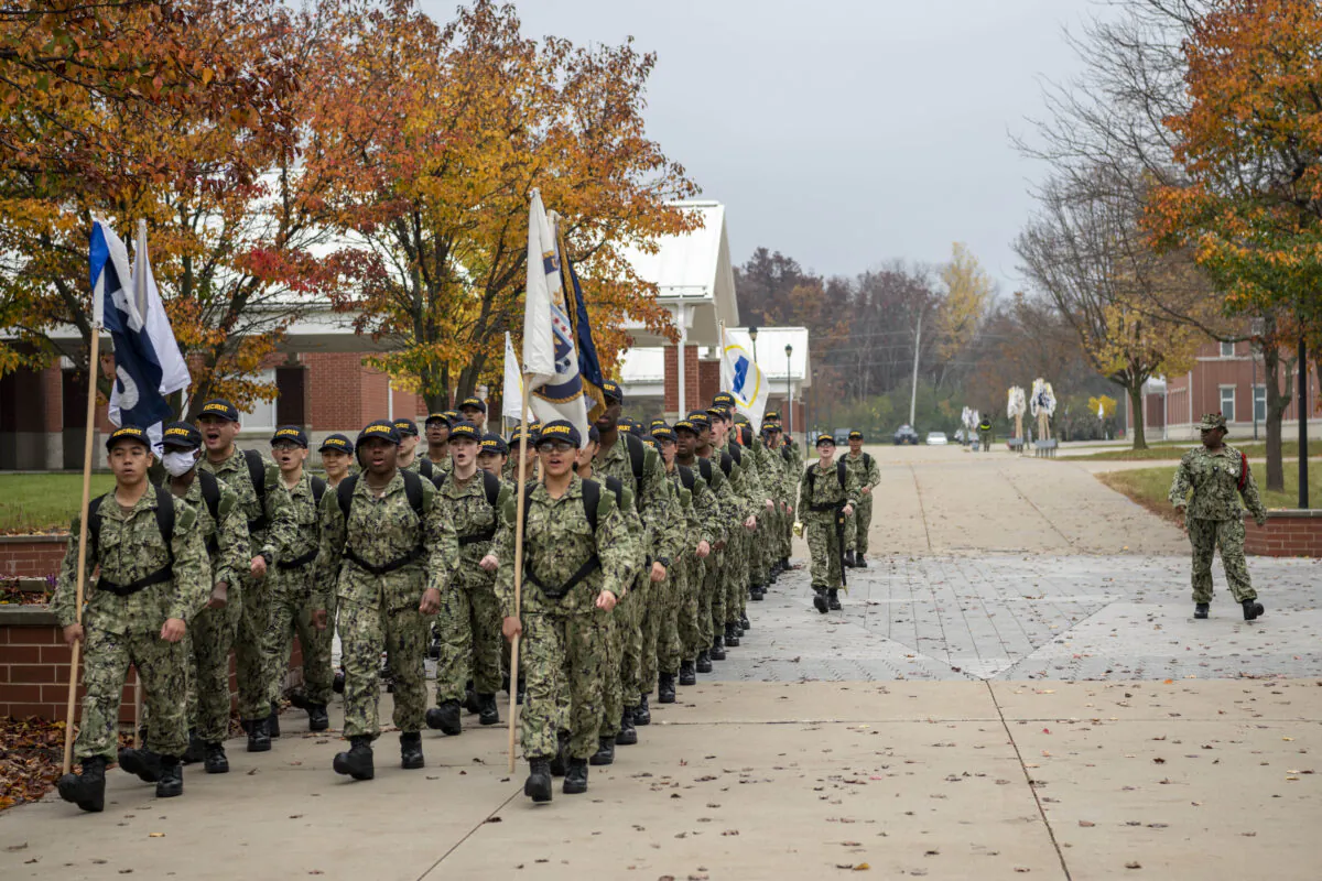 A recruit division marches in formation at Recruit Training Command In Illinois. (U.S. Navy photo by Chief Mass Communication Specialist Brandie Nix)