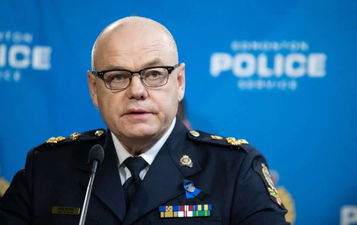 Edmonton Police Chief Dale McFee provides details about two police officers who were shot and killed on duty in Edmonton on Thursday, March 16, 2023. (Jason Franson/The Canadian Press)