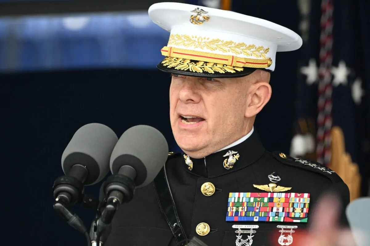 General David Berger, commandant of the Marine Corps, speaks during the U.S. Naval Academy 2022 Graduation Ceremony at the Navy-Marine Corps Memorial Stadium in Annapolis, Md., on May 27, 2022. (Mandel Ngan/AFP via Getty Images)