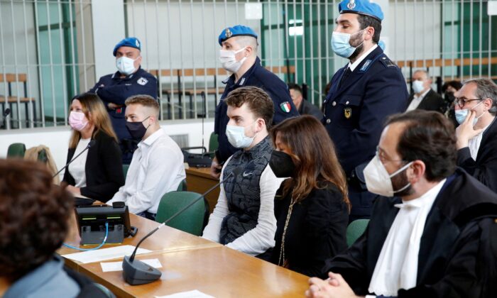 U.S. citizens Finnegan Lee Elder and Gabriel Christian Natale-Hjorth, accused of killing Carabinieri military police officer Mario Cerciello Rega, attend a hearing of their trial in Rome on May 5, 2021. (Remo Casilli/Reuters)