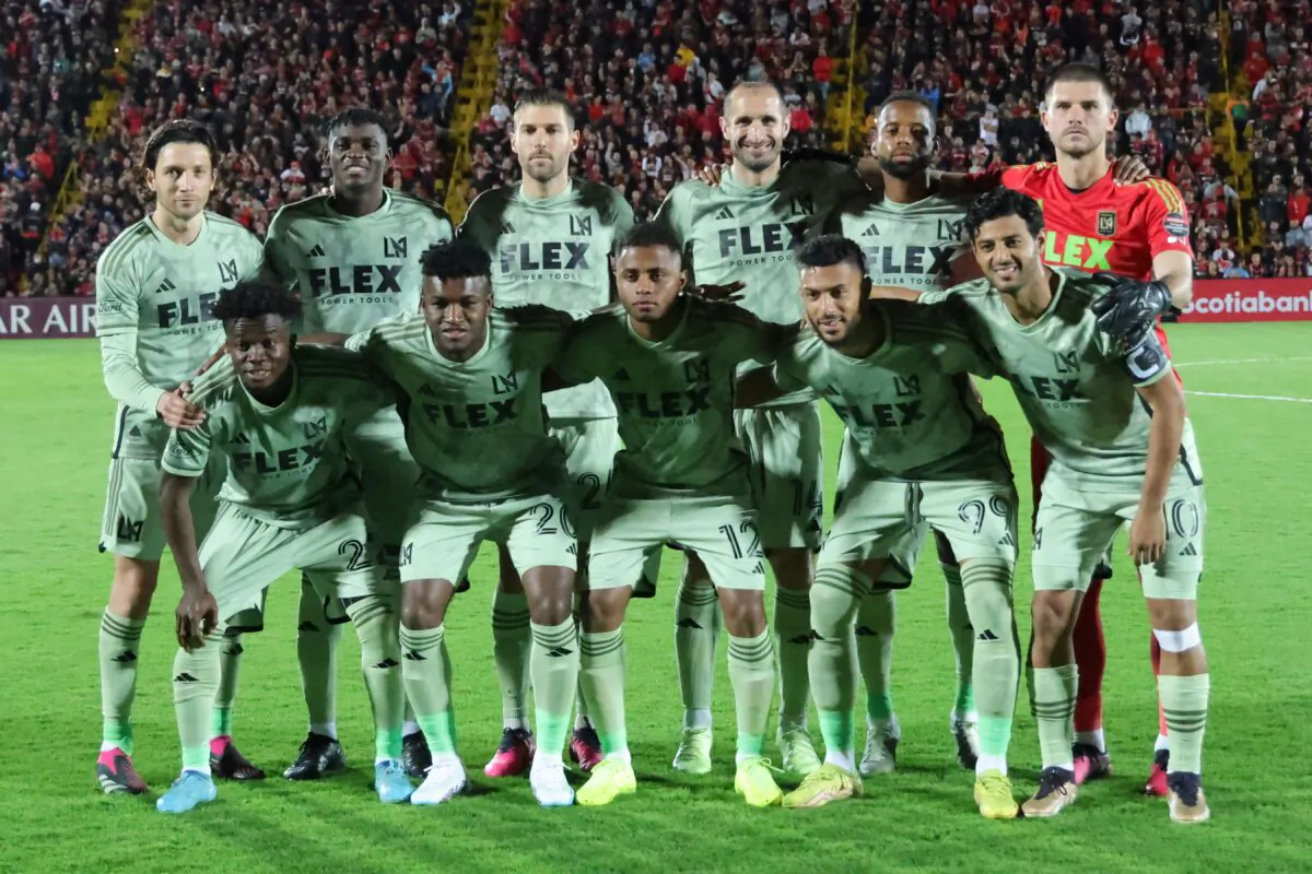 Los Angeles Futbol Club (LAFC) team players pose for a photograph prior to the CONCACAF Champions League first leg football match between Alajuelense Sports League (LDA) and Los Angeles Futbol Club (LAFC) at Alejandro Morera Soto Stadium in Alajuela, Costa Rica, on March 9, 2023. (Randall Campos/ AFP via Getty Images)