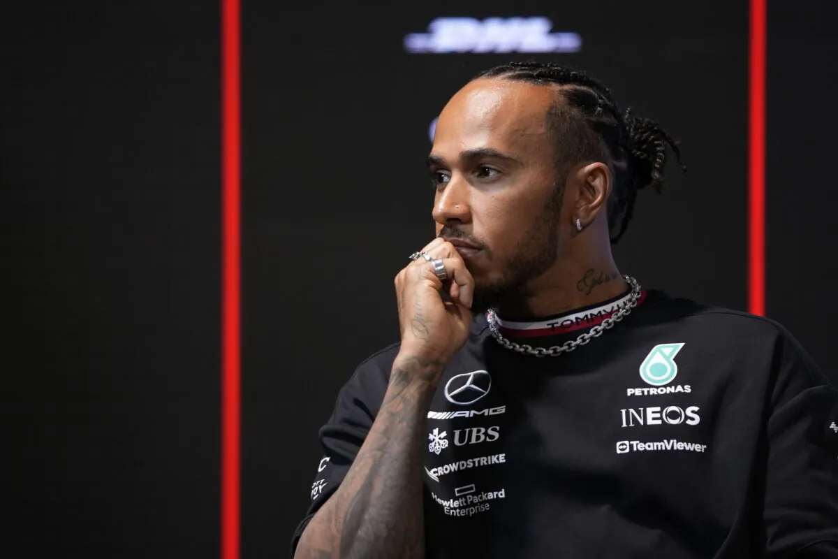 Mercedes driver Lewis Hamilton of Britain speaks to media ahead of the Formula On Saudi Arabian Grand Prix in Jeddah, Saudi Arabia, on March 16, 2023. (Hassan Ammar/AP Photo)