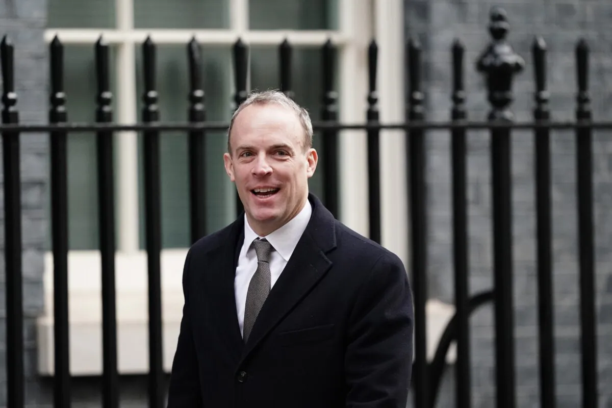 Justice Secretary and Deputy Prime Minister Dominic Raab arrives for a Cabinet meeting at 10 Downing Street, London, on March 15, 2023. (Jordan Pettitt/PA Media)