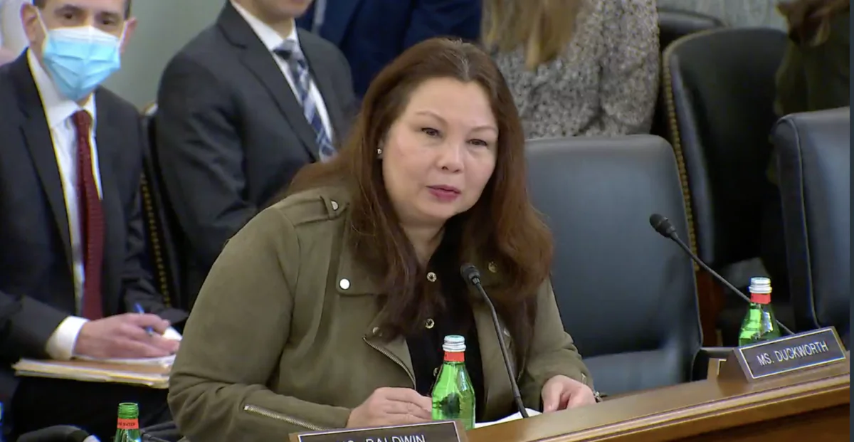 Sen. Tammy Duckworth (D-Ill.), who was a helicopter pilot in Iraq in 2004, speaks during an aviation hearing before the Senate Committee on Commerce, Science, & Transportation in Washington, on March 16, 2023. (Janice Hisle/The Epoch Times via screenshot of live video)