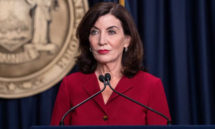 New York Governor Kathy Hochul speaks at Antonio Delgado swearing in ceremony as N.Y. State Lieutenant Governor at New York City governor’s office on May 25, 2022. (lev radin/Shutterstock)