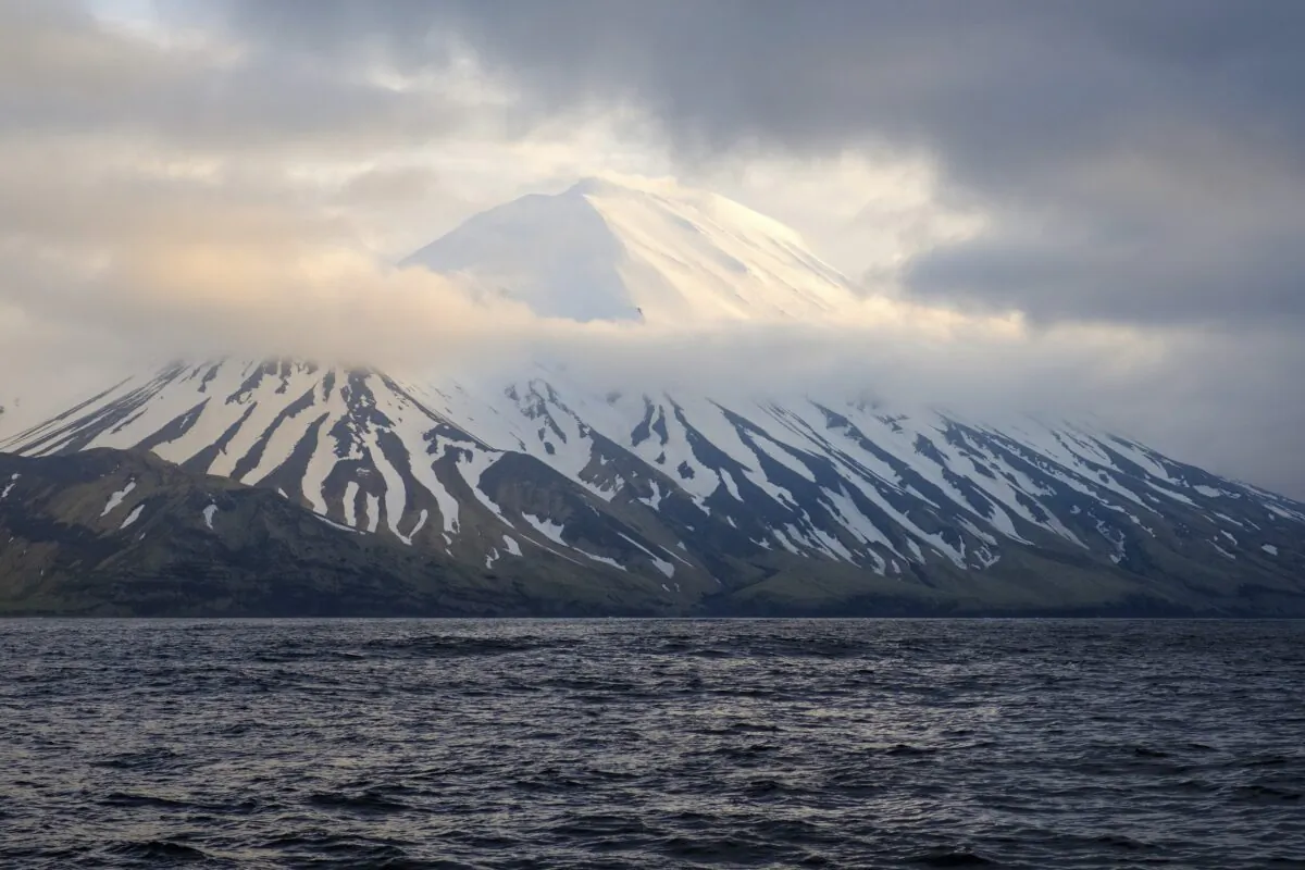 The Tanaga Volcano near Adak, Alaska, on May 23, 2021. (Matt Loewen/Alaska Volcano Observatory/U.S. Geological Survey via AP)