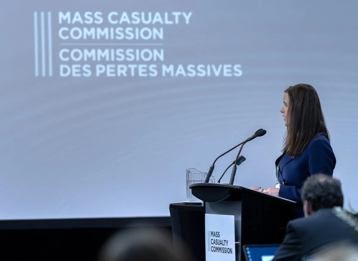 Tara Miller, who represents relatives of Aaron Tuck and Kristen Beaton, addresses the Mass Casualty Commission inquiry into the mass murders in rural Nova Scotia in Truro, N.S. on Sept. 20, 2022. (The Canadian Press/Andrew Vaughan)