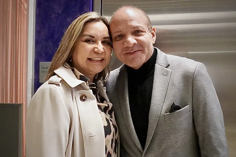 John Rivera with his wife at the Dr. Phillips Center for the Performing Arts in Orlando, Fla., to see Shen Yun on March 16, 2023. (Sally Sun/The Epoch Times)