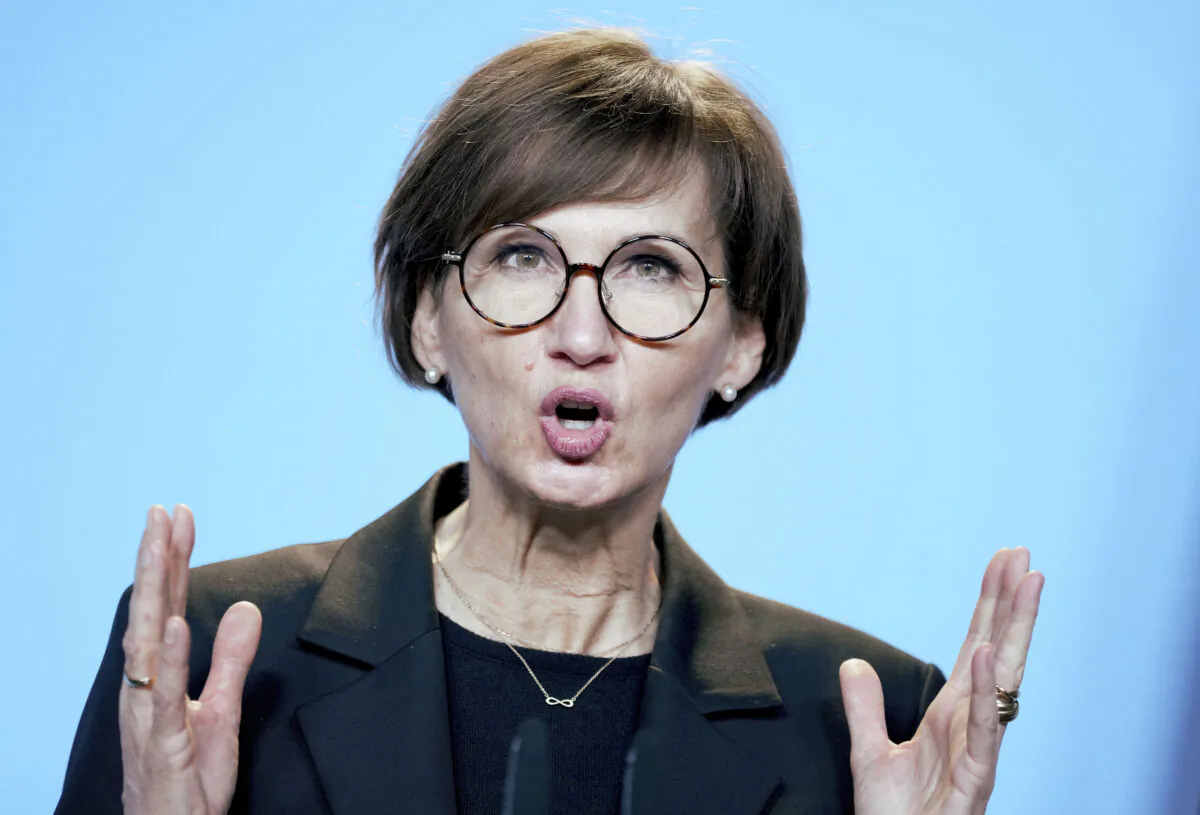 German Science and Education Minister Bettina Stark-Watzinger addresses the media during a press conference in Berlin on Jan. 14, 2022. (Michael Sohn/AP Photo, pool)
