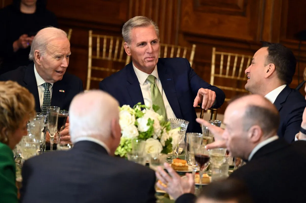 (L–R) President Joe Biden, House Speaker Kevin McCarthy (R-Calif.), and Irish Taoiseach Leo Varadkar attend the annual Friends of Ireland luncheon on St. Patrick's Day at the U.S. Capitol in Washington on March 17, 2023. (Andrew Caballero-Reynolds/AFP via Getty Images)