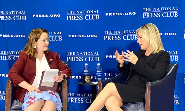 North Ireland First Minister-elect Michelle O'Neill speaks at the National Press Club in Washington on March 16, 2023. (Joseph Lord/The Epoch Times)