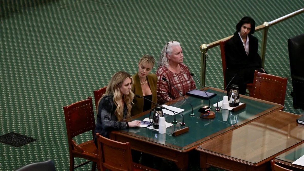 Former NCAA athlete Riley Gaines (left) testified in front of the Texas Senate Committee on State Affairs in favor of SB 15 restrict transgender athletes from competing in intercollegiate sports on March 16, 2023. (Courtesy Texas Values)
