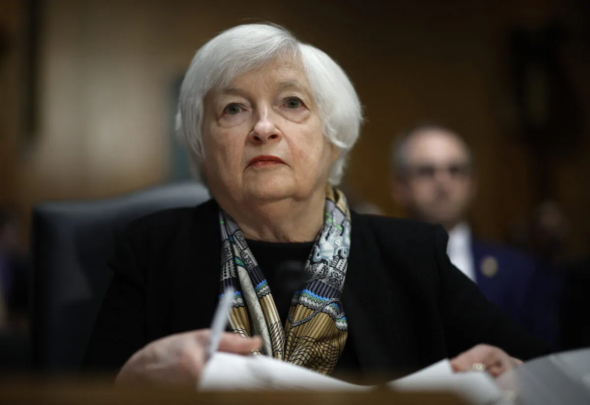 Treasury Secretary Janet Yellen testifies about the Biden administration's FY2024 federal budget proposal before the Senate Finance Committee in the Dirksen Senate Office Building on Capitol Hill on March 16, 2023. (Chip Somodevilla/Getty Images)