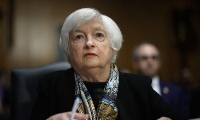 Treasury Secretary Janet Yellen testifies about the Biden administration's FY2024 federal budget proposal before the Senate Finance Committee in the Dirksen Senate Office Building on Capitol Hill in Washington on March 16, 2023. (Chip Somodevilla/Getty Images)