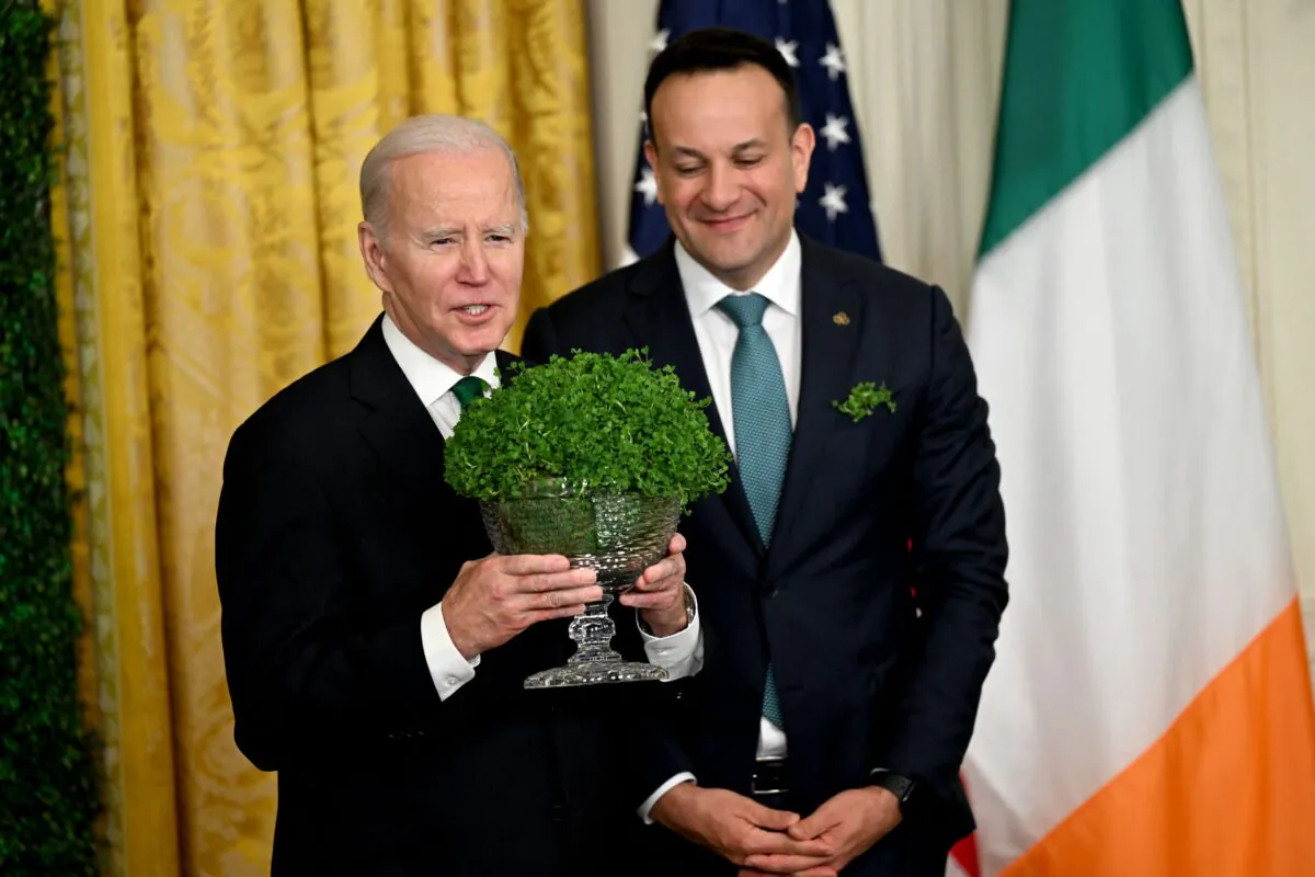 U.S. President Joe Biden hosts Irish Taoiseach Leo Varadkar for a Shamrock presentation and reception in the East Room of the White House in Washington on March. 17, 2023. (Andrew Caballero-Reynolds/AFP via Getty Images)