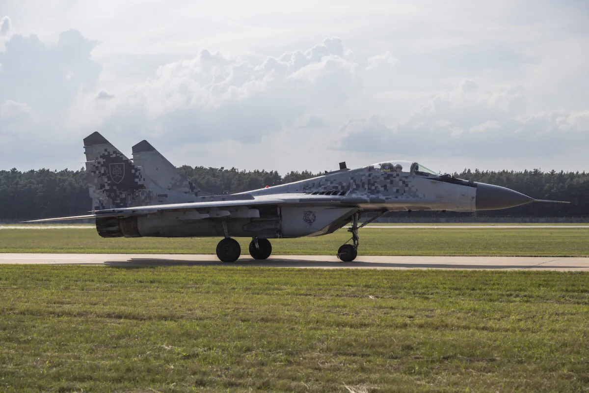 A MIG-29 fighter jet, at the 11th SIAF International Aviation Day at the Malacky-Kuchyna Air Base, in Kuchyna, Slovakia, on Aug. 27, 2022. (Jaroslav Novak/TASR via AP)