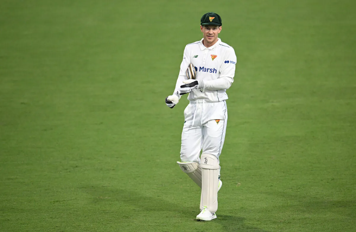 Tim Paine of the Tigers is seen during Day 1 of the Marsh Sheffield Shield 2022-23 cricket match between Queensland and Tasmania at Allan Border Field in Brisbane, Oct. 6, 2022. (AAP Image/Darren England) 
