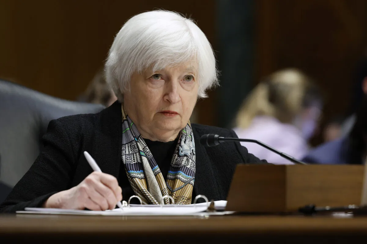 Treasury Secretary Janet Yellen testifies about the Biden Administration's FY2024 federal budget proposal before the Senate Finance Committee in the Dirksen Senate Office Building on Capitol Hill in Washington on March 16, 2023. (Chip Somodevilla/Getty Images)