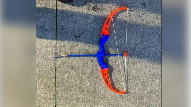 A toy bow and arrow, allegedly wielded by a 32-year-old man in Nanaimo, B.C., on Mar. 13, is seen in this handout photo taken by RCMP. (The Canadian Press/HO-RCMP)
