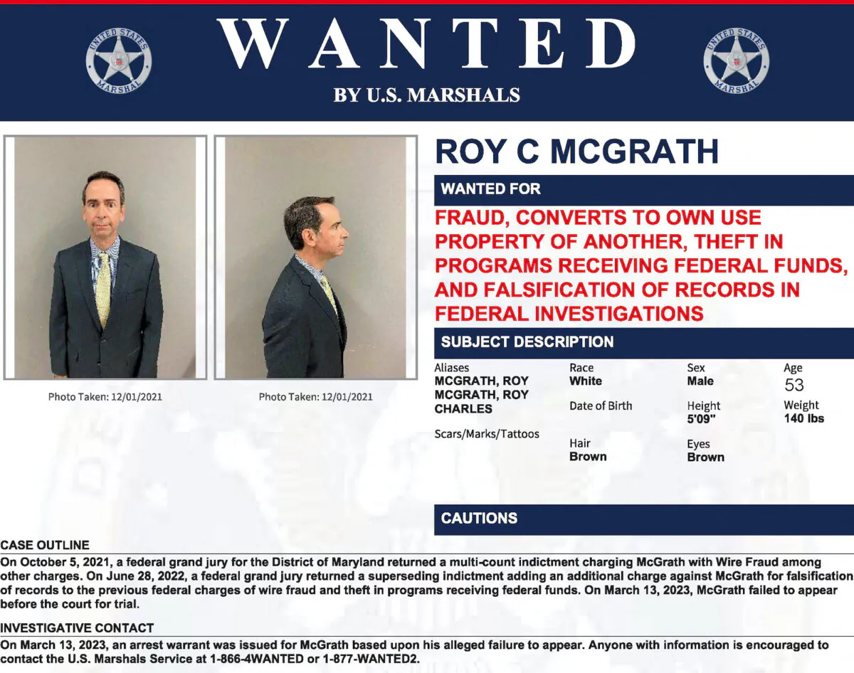 Roy McGrath, previously top aide to the former Governor of Maryland, Larry Hogan, is seen in this U.S. Marshals Service wanted poster released on March 14, 2023. (U.S. Marshals Service/Handout via Reuters)