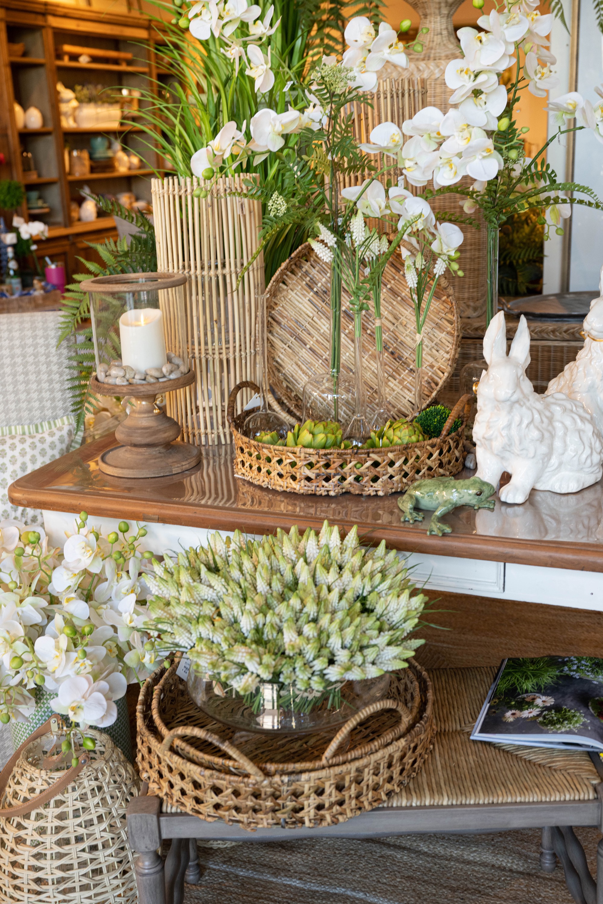 Once you find a bunny (or two) you love, itâ€™s time to display it! If you are looking to create a sweet Easter or spring vignette with your bunny as the shining star, start by placing a large bunny in the center and add smaller items around it, such as candles, vases of flowers or even decorative eggs. 
