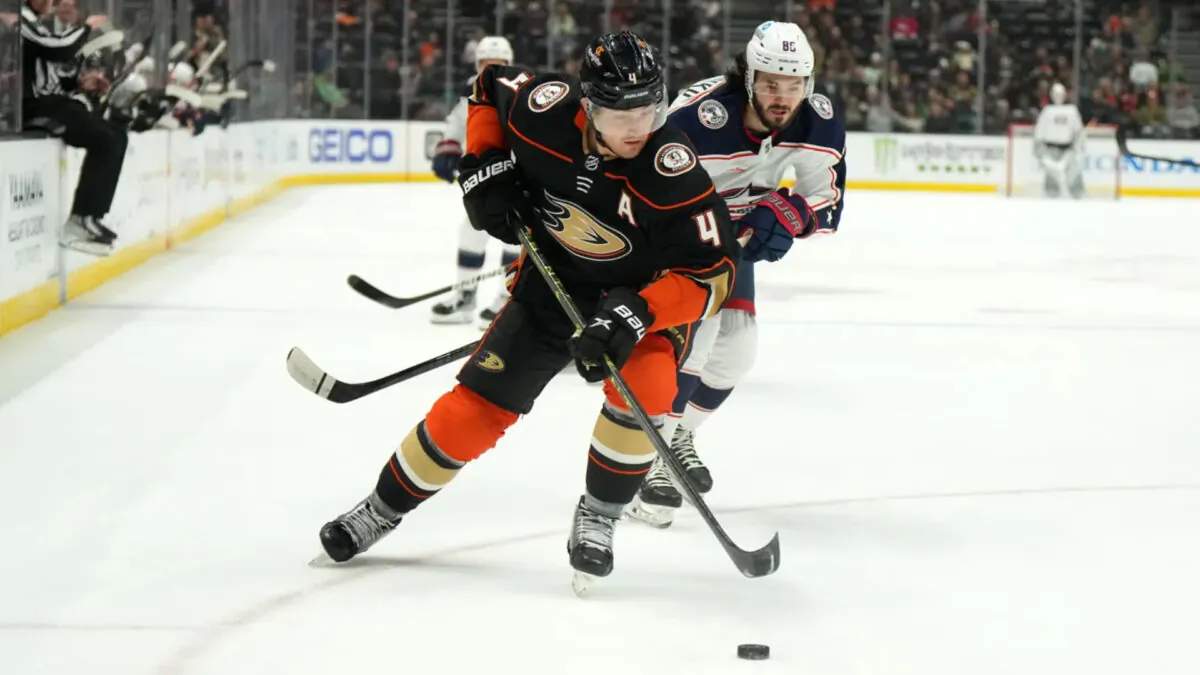 Anaheim Ducks defenseman Cam Fowler (4) and Columbus Blue Jackets right wing Kirill Marchenko (86) battle for the puck in the first period at Honda Center in Anaheim, Calif., on March 17, 2023. (Kirby Lee/USA TODAY Sports via Field Level Media) 
