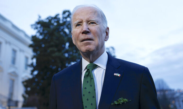 President Joe Biden speaks with reporters before departing from the South Lawn of the White House on Marine One in Washington on March 17, 2023. (Anna Moneymaker/Getty Images)