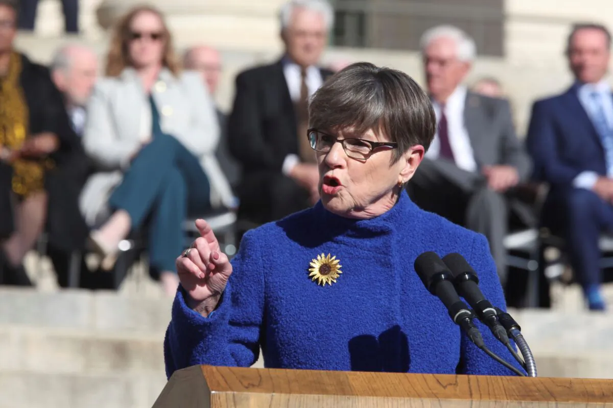 Kansas Gov. Laura Kelly gives her inaugural address for her second four-year term on the south steps of the Statehouse in Topeka, Kan., on Jan. 9, 2023. (John Hanna/AP Photo)
