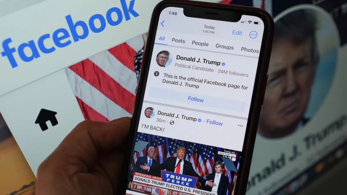 This illustration photo show the Facebook page of former President Donald Trump on a smartphone screen in Los Angeles, Calif., on March 17, 2023. (Chris Delmas/AFP via Getty Images)