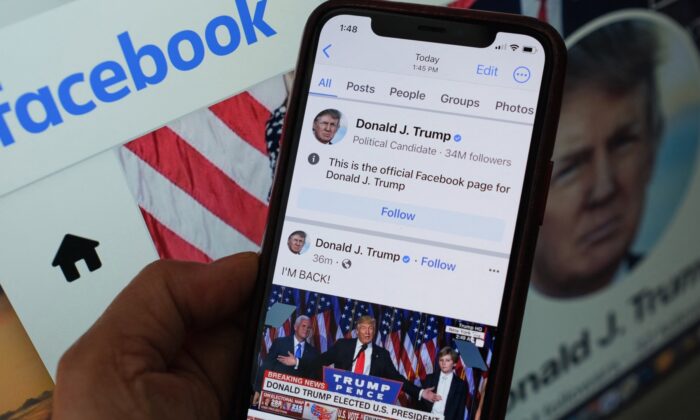 This illustration photo show the Facebook page of former President Donald Trump on a smartphone screen in Los Angeles, Calif., on March 17, 2023. (Chris Delmas/AFP via Getty Images)