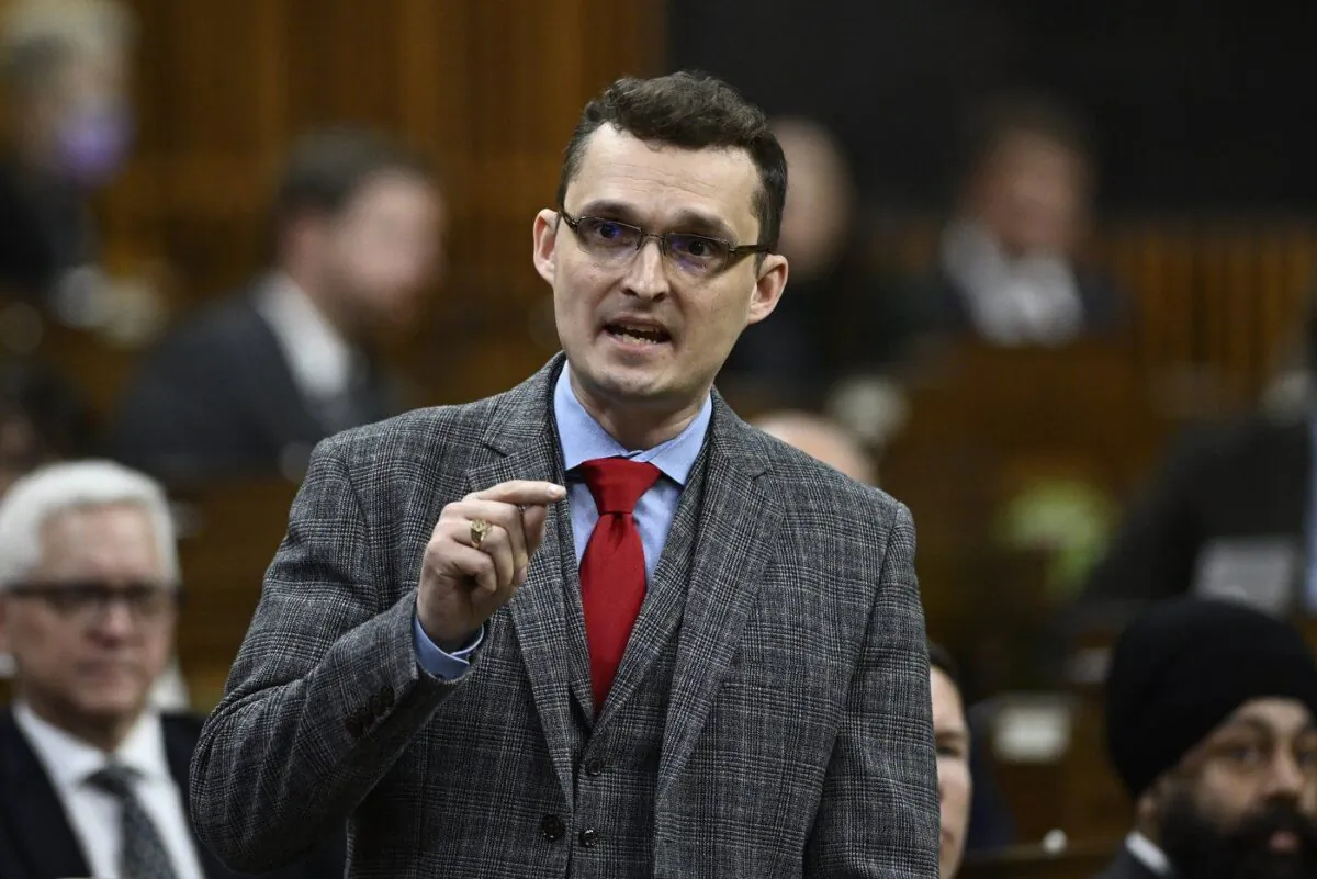 Conservative MP Tom Kmiec rises during Question Period in the House of Commons on Parliament Hill in Ottawa on Mar. 10, 2023. (The Canadian Press/Justin Tang)
