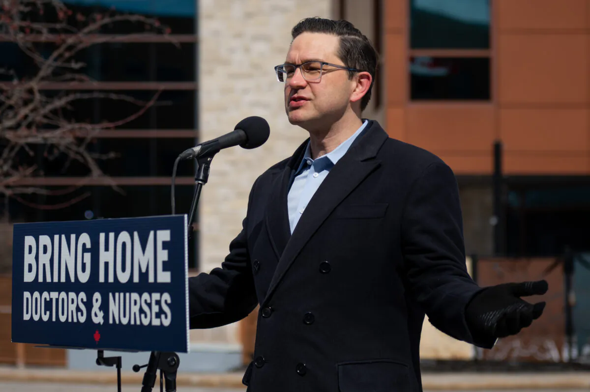 Conservative Leader Pierre Poilievre speaks at a press conference at the Ottawa Children’s Treatment Centre wing of the Children's Hospital of Eastern Ontario in Ottawa on March 19, 2023. (THE CANADIAN PRESS/Spencer Colby)