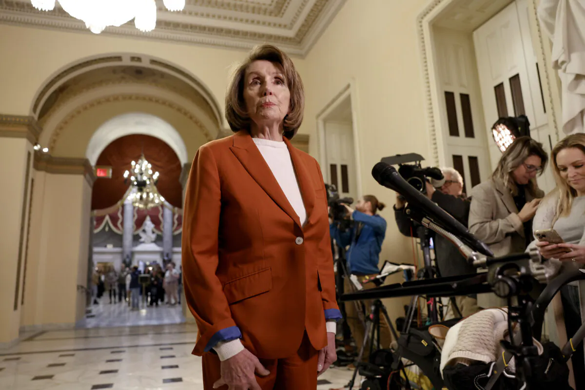 Rep. Nancy Pelosi (D-Calif.) speaks to reporters about her husband Paul Pelosi's recovery inside the U.S. Capitol Building in Washington on Jan. 27, 2023. (Anna Moneymaker/Getty Images)