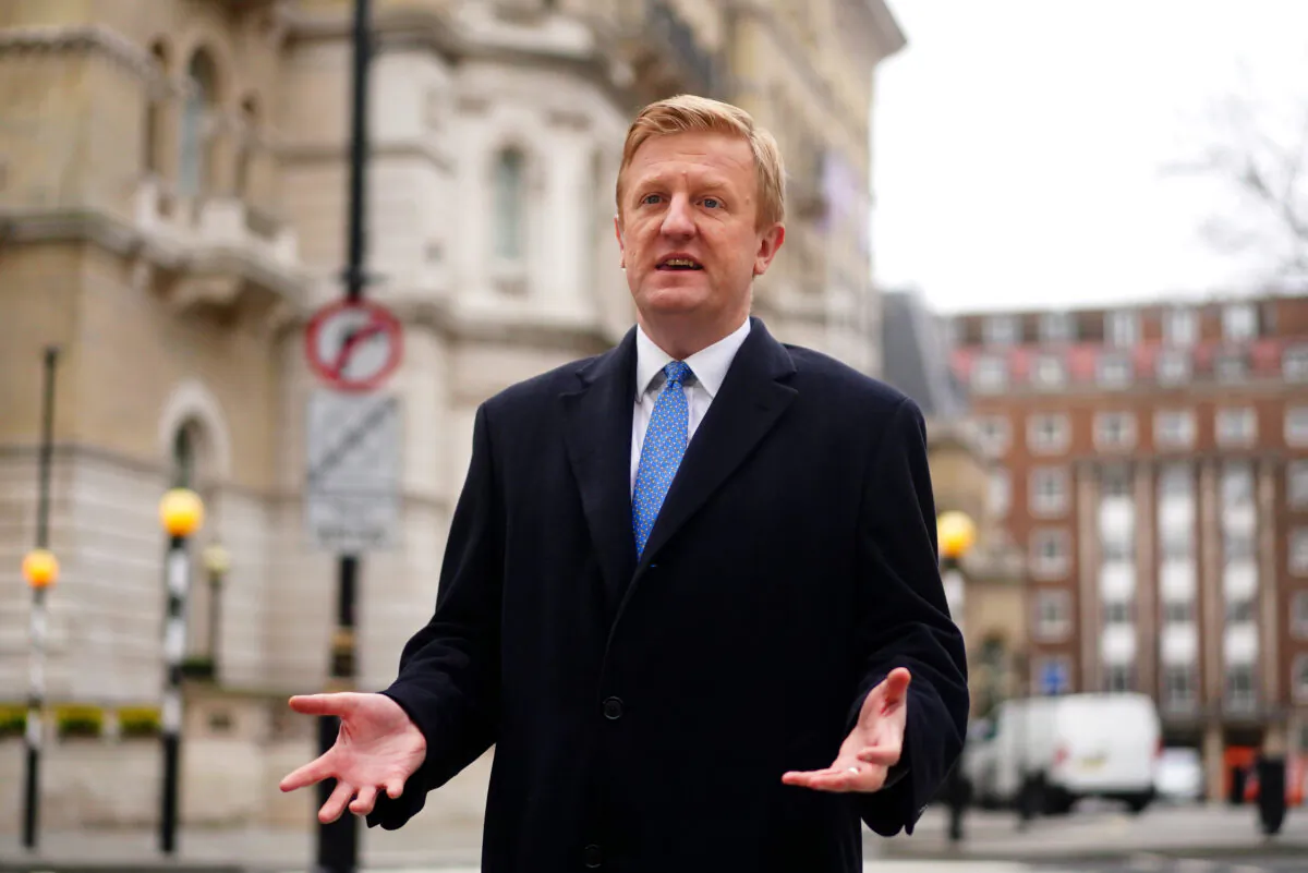 Chancellor of the Duchy of Lancaster, Oliver Dowden, speaks to the media as he departs BBC Broadcasting House in London on March 19, 2023. (Victoria Jones/PA)