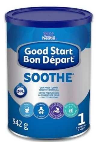 An image of the recalled product in Canada: Nestlé® Good Start Soothe™ 942g Infant Formula. Perrigo announced the voluntary recall of a limited quantity of the product on March 17, 2023. (CNW Group/Perrigo)