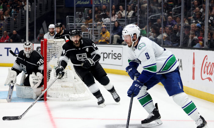 Los Angeles Kings goaltender Joonas Korpisalo swats the puck away during  the third period of the team's NHL hockey game against the Colorado  Avalanche on Thursday, March 9, 2023, in Denver. (AP