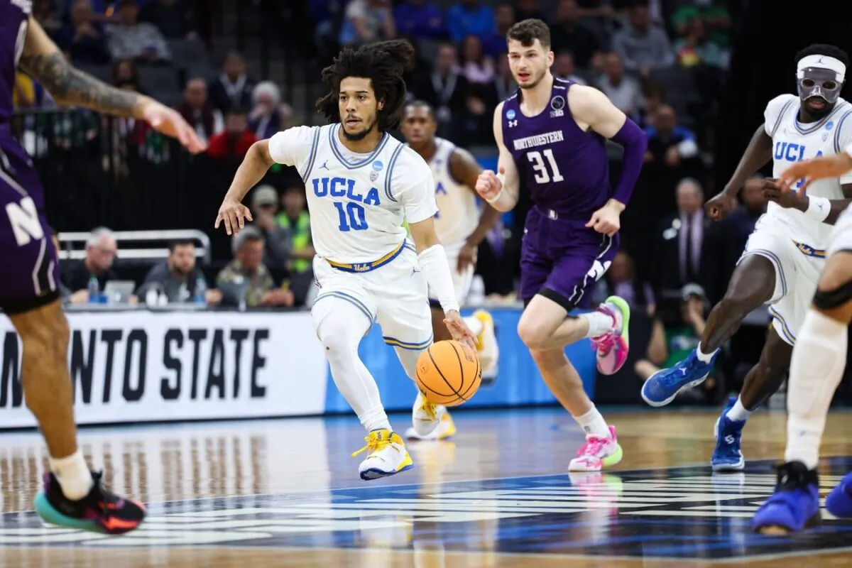 UCLA Bruins guard Tyger Campbell (10) dribbles down the court during the first half against the Northwestern Wildcats at Golden 1 Center. (Kelley L Cox/USA TODAY Sports via Field Level Media)