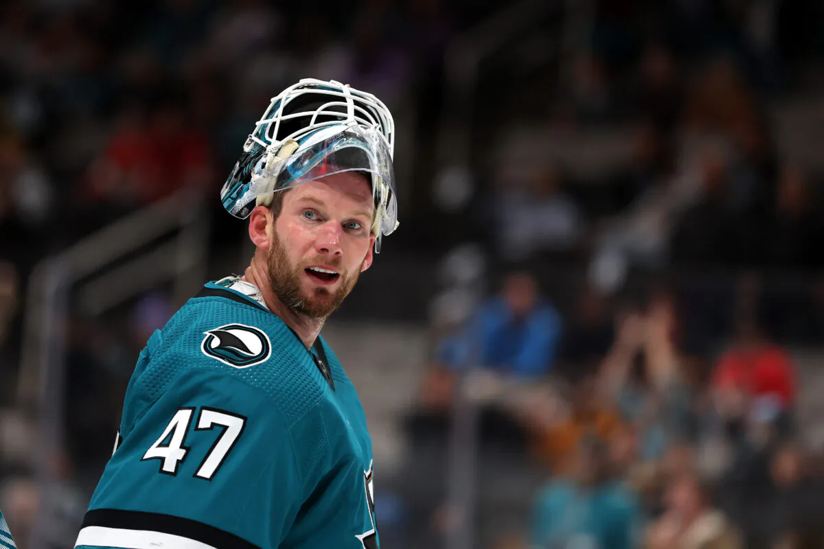 James Reimer of the San Jose Sharks skates to the goal after a time out at the SAP Center in San Jose, California, on November 03, 2022. (Photo by Ezra Shaw/Getty Images)