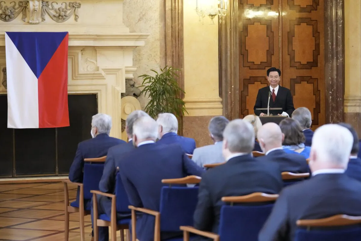 Taiwan Foreign Minister Joseph Wu holds a speech during his visit to Czech Senate in Prague on Oct. 27, 2021. (Petr David Josek/AP Photo)