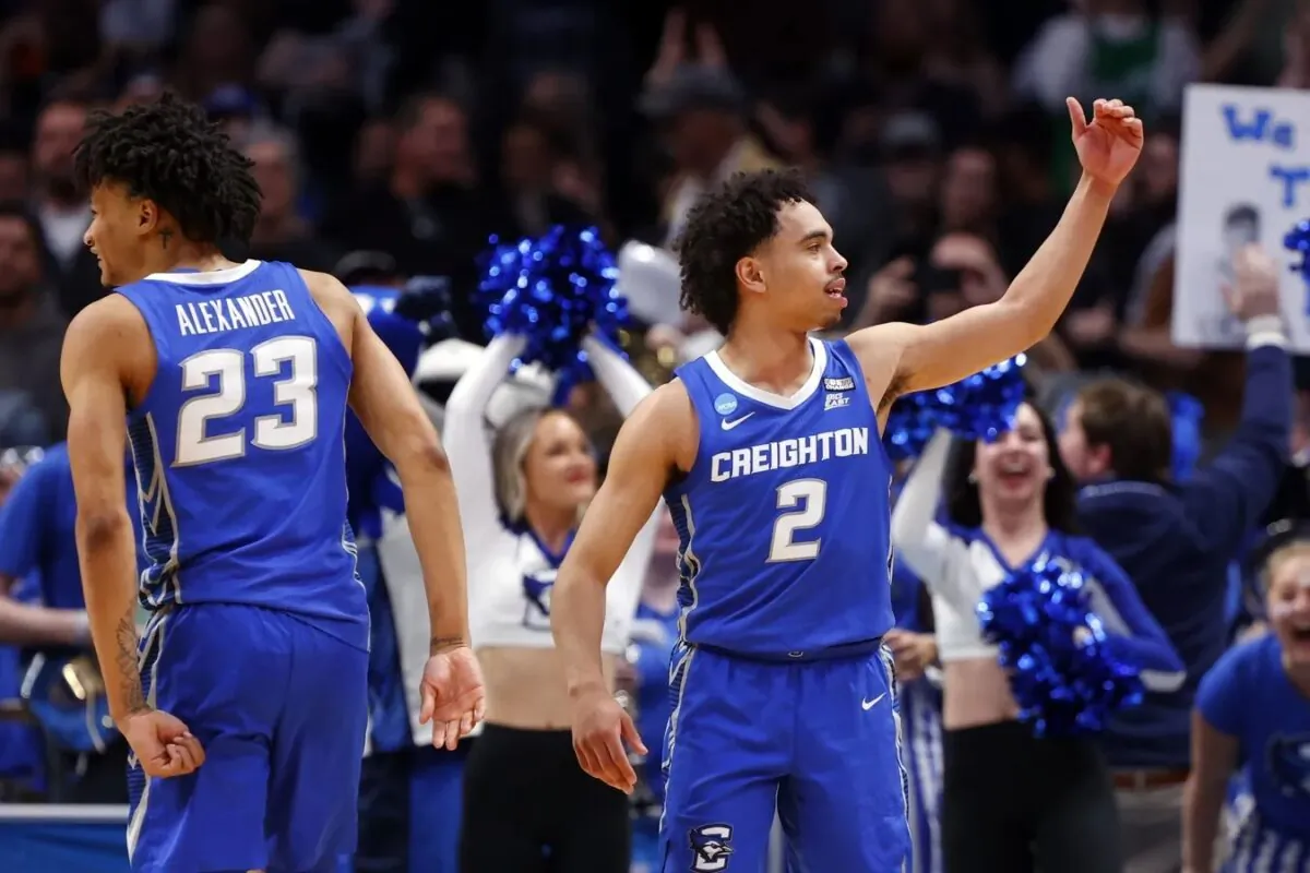Creighton Bluejays guard Ryan Nembhard (2) and guard Trey Alexander (23) celebrate in the second half against the Baylor Bears at Ball Arena in Denver on March 19, 2023. (Michael Ciaglo-USA TODAY Sports via Field Level Media)