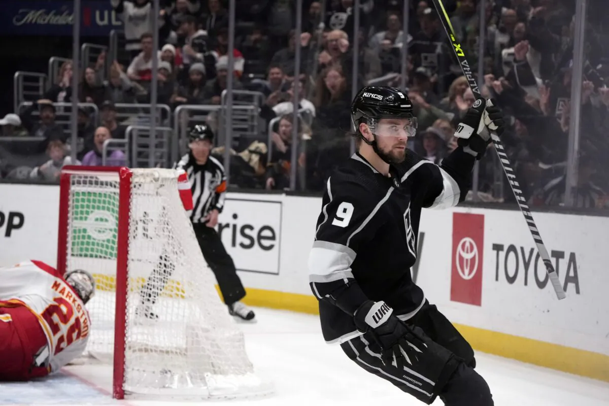 Los Angeles Kings right wing Adrian Kempe celebrates after scoring against the Calgary Flames during the second period of an NHL hockey game in Los Angeles on March 20, 2023. (Marcio Jose Sanchez/AP Photo)