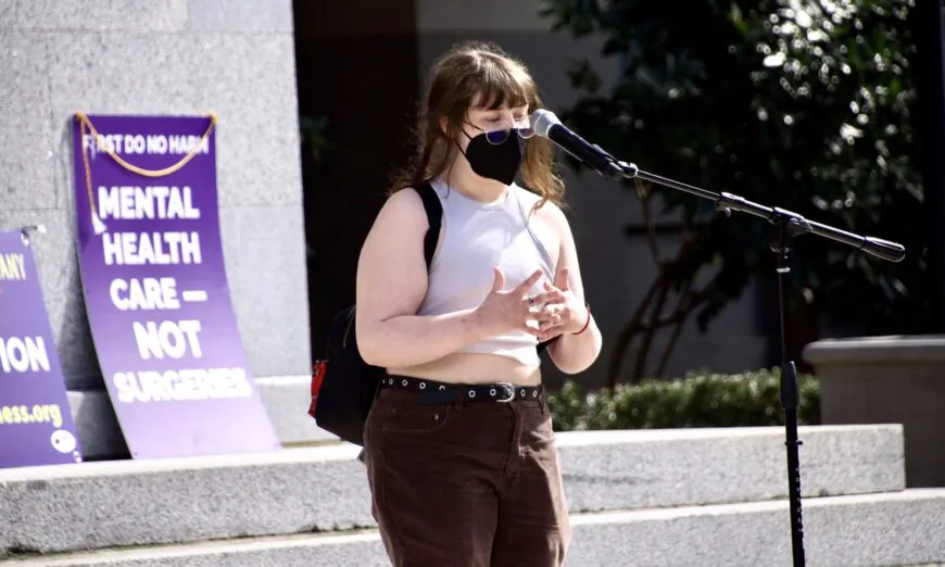 Layla Jane speaks at a Detransition Awareness Day rally at the state Capitol in Sacramento on March 10, 2023. (Courtesy of Pamela Garfield-Jaeger)