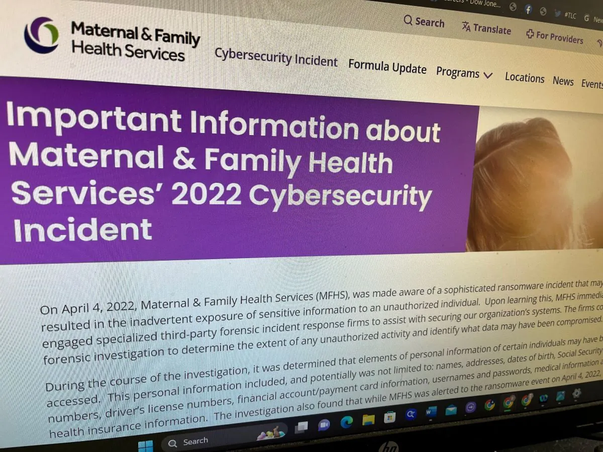 Maternal and Family Health Services Inc. website has an online explanation of the data breach, March 21, 2023. (Beth Brelje/The Epoch Times)  