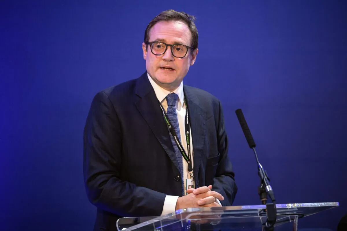 Minister of State for Security Tom Tugendhat speaks at a fringe meeting at the annual Conservative Party conference in Birmingham, England, on Oct. 2, 2022. (Leon Neal/Getty Images)